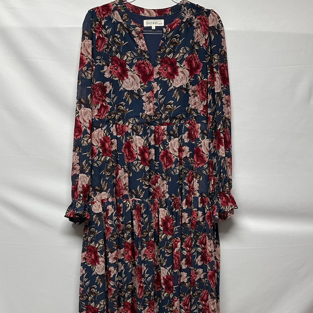 Brass & Roe Called to Surf Roxi Elegant Floral Maxi Dress Tiered Pockets L - Picture 2 of 9